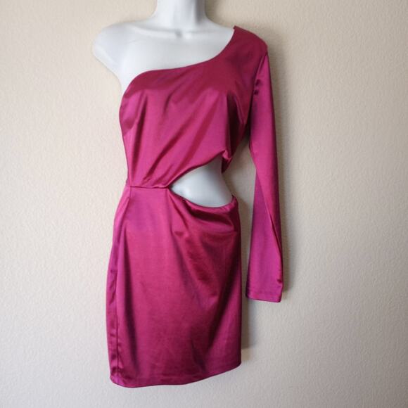 Lulus Shot Caller Satin One-Shoulder Barbie Pink  Long Sleeve Cutout Dress - Picture 10 of 11